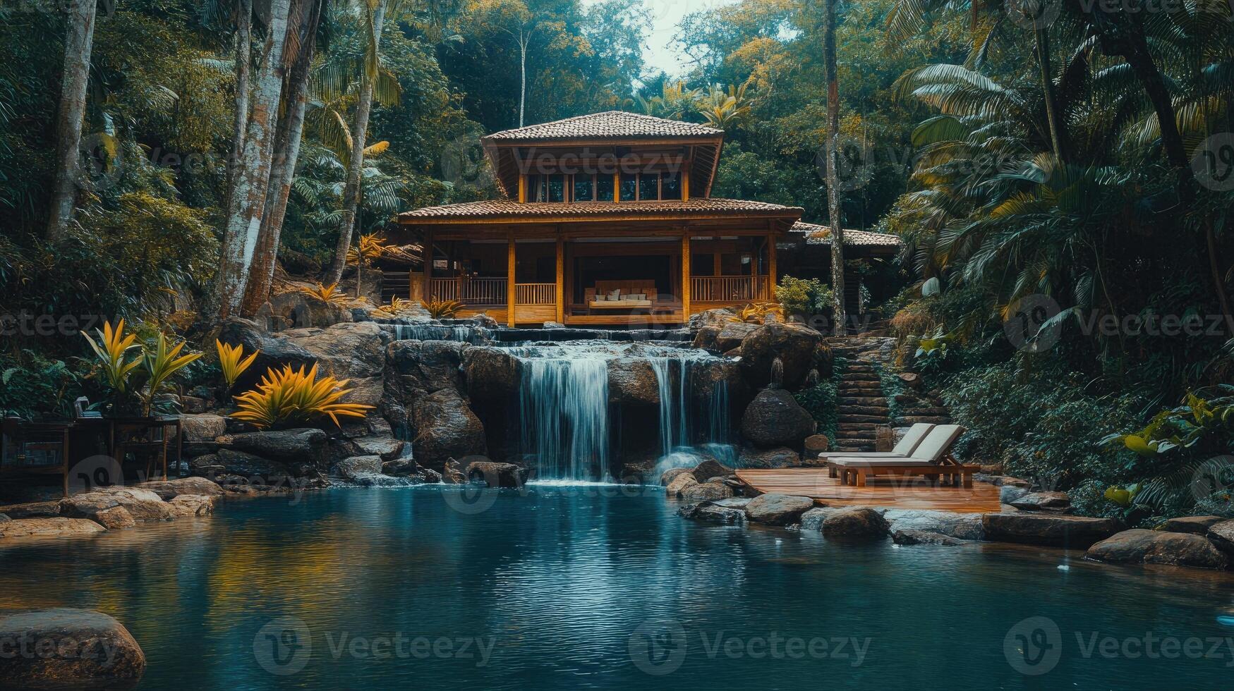 Luxurious tropical hotel room with private waterfall and pool surrounded by jungle photo