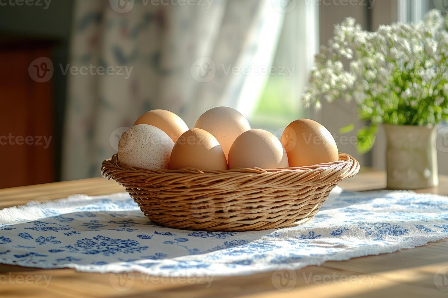 Fresh eggs resting in a rustic basket on a table photo