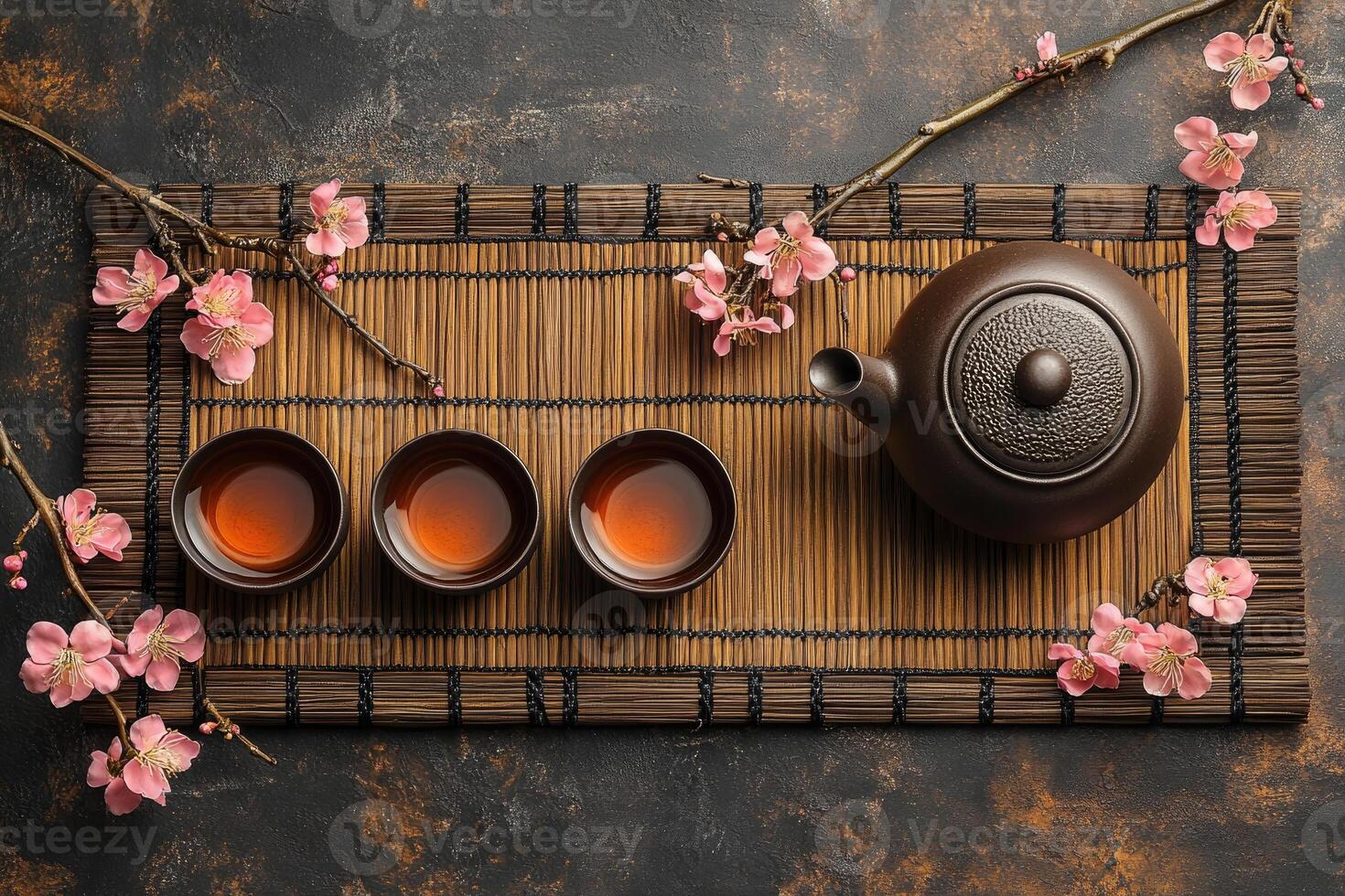 Traditional asian tea ceremony set with brown teapot and cups photo