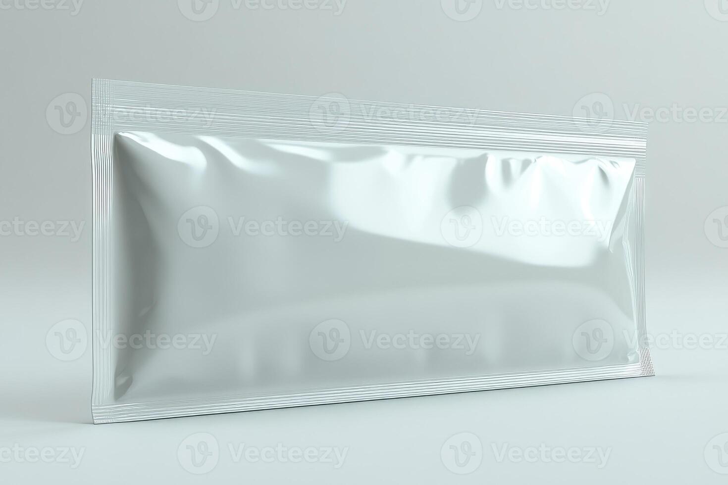 Blank white realistic plastic sachet pack lying on white background photo