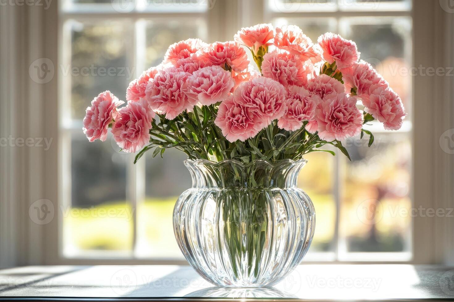 Pink carnations bouquet in crystal vase by window illuminating garden photo