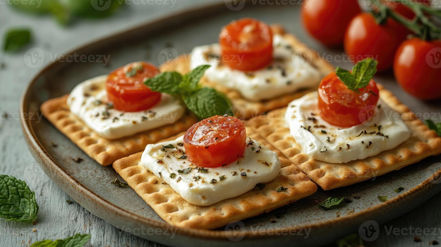 Delicious cream cheese and cherry tomato crackers with fresh mint leaves photo
