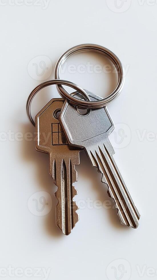 House keys resting on white background symbolizing new home purchase photo