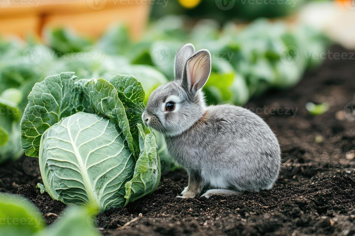 Adorable grey bunny exploring cabbage field, organic farming and cute animals photo