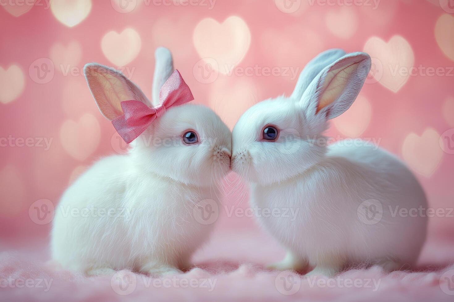 Two white bunnies kissing on valentine's day with pink hearts background photo