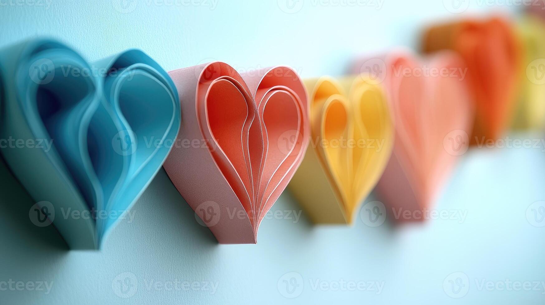 Colorful paper hearts representing love and affection on blue background photo