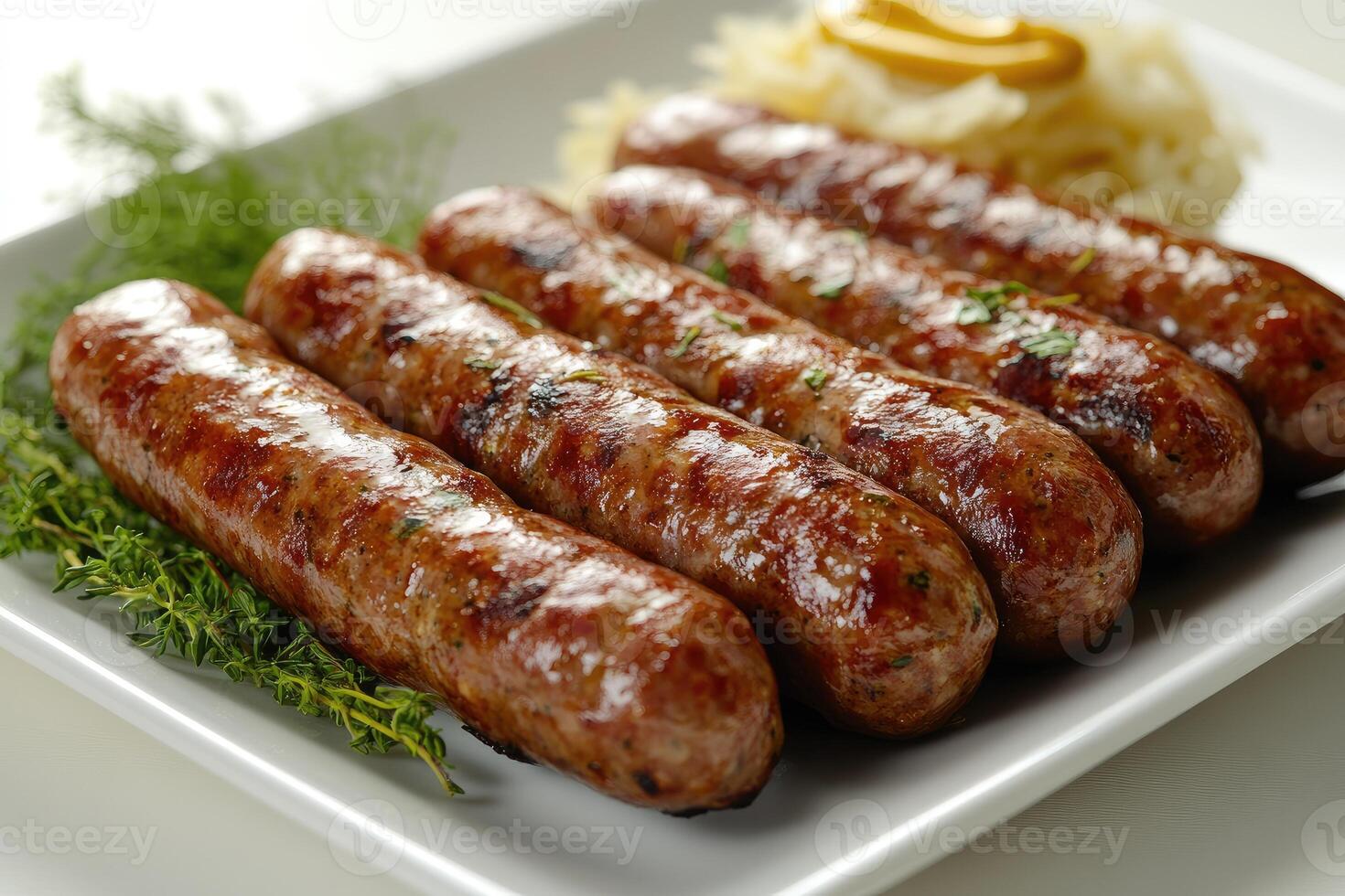 Grilled sausages served on white plate with mashed potatoes and mustard photo