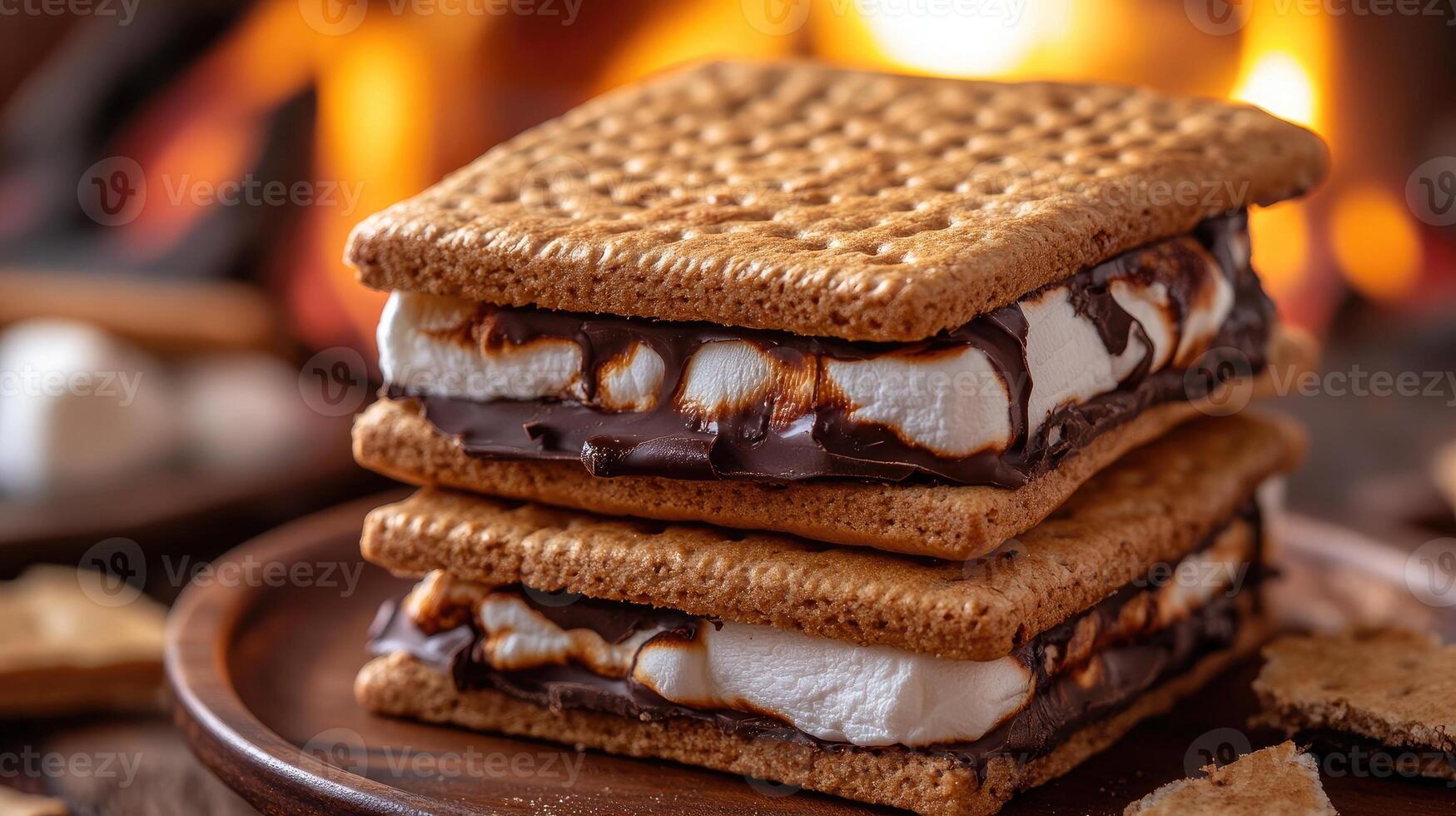 Delicious s'mores with melted chocolate and marshmallow resting on wooden board by fireplace photo
