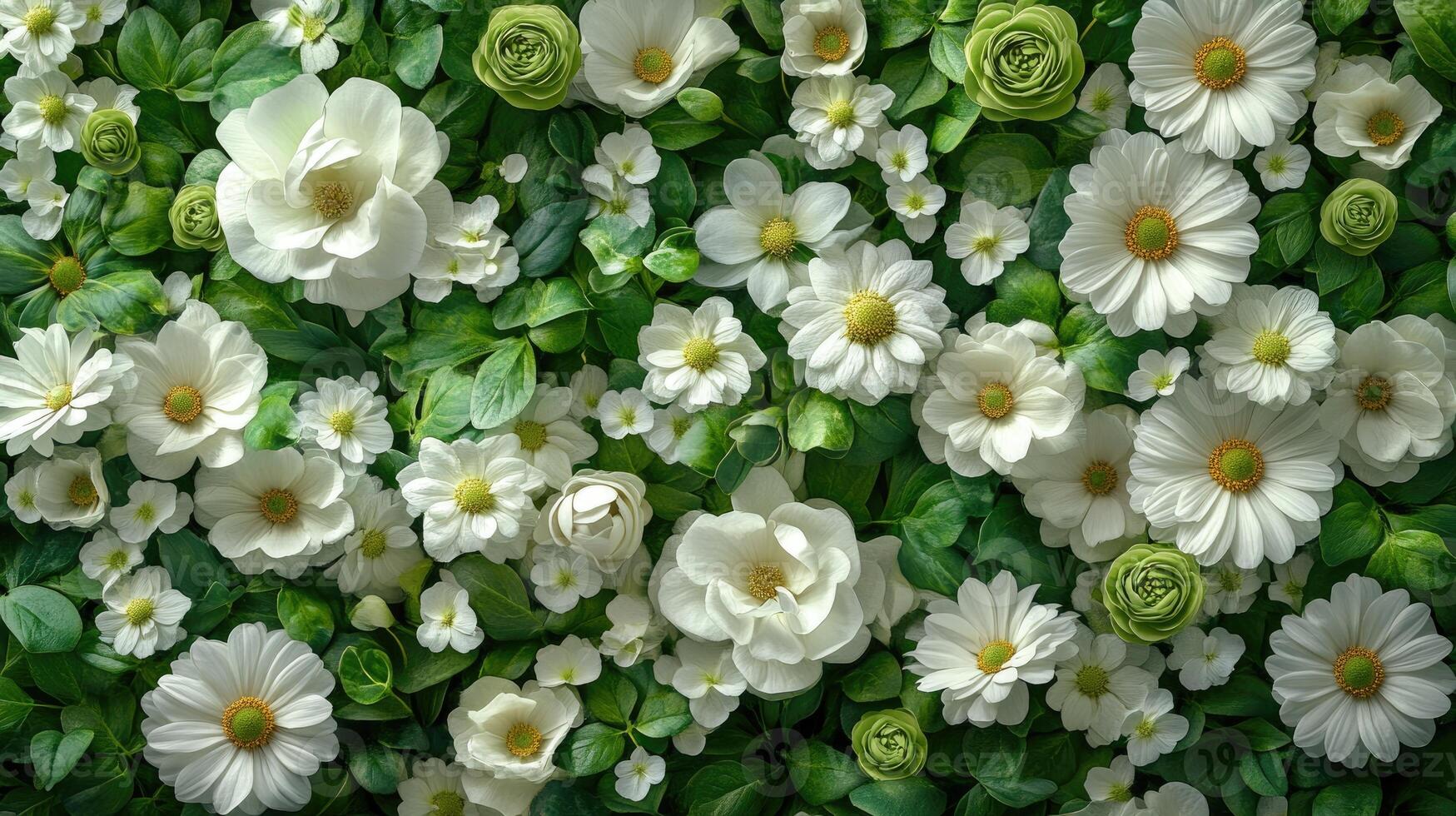 White flowers and green leaves creating a stunning floral background photo