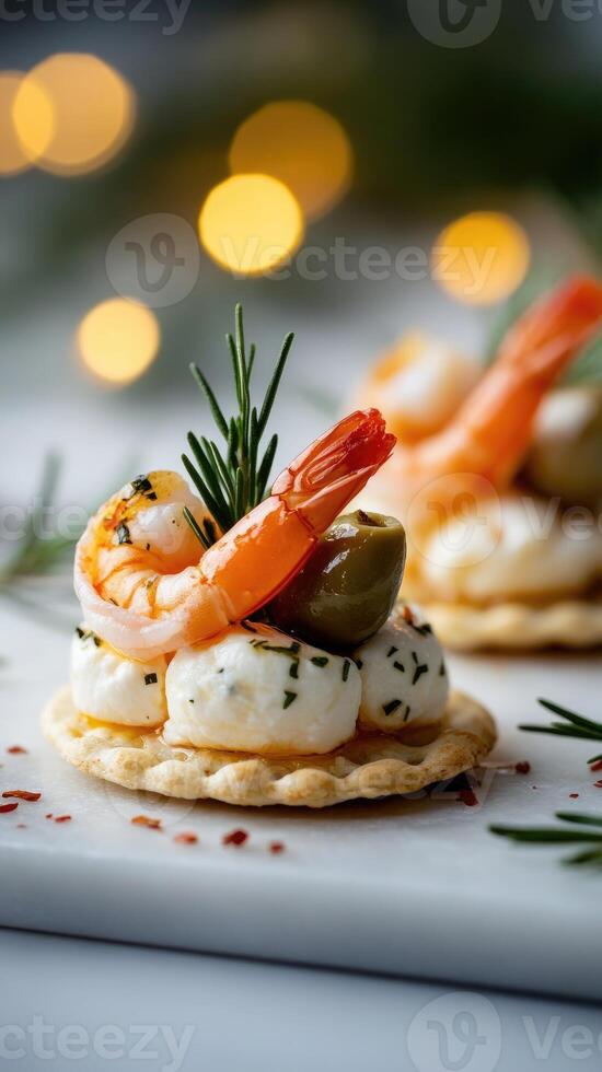 Delicious shrimp appetizers served in small glass cups with crackers, olives and cheese cream for christmas dinner photo