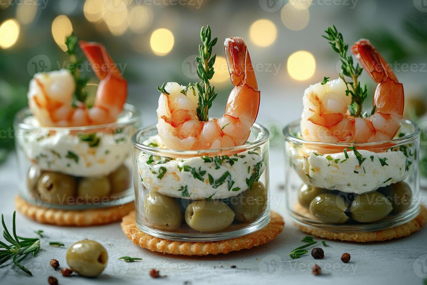 Delicious shrimp appetizers served in small glass cups with crackers, olives and cheese cream for christmas dinner photo