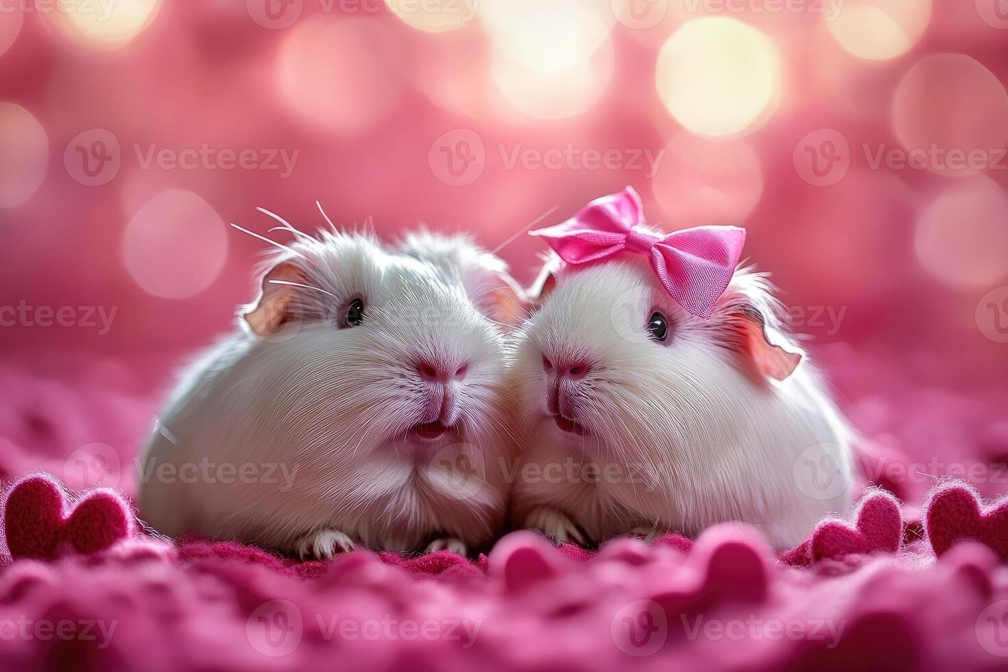 Two adorable guinea pigs showing love on valentine's day with pink bow photo