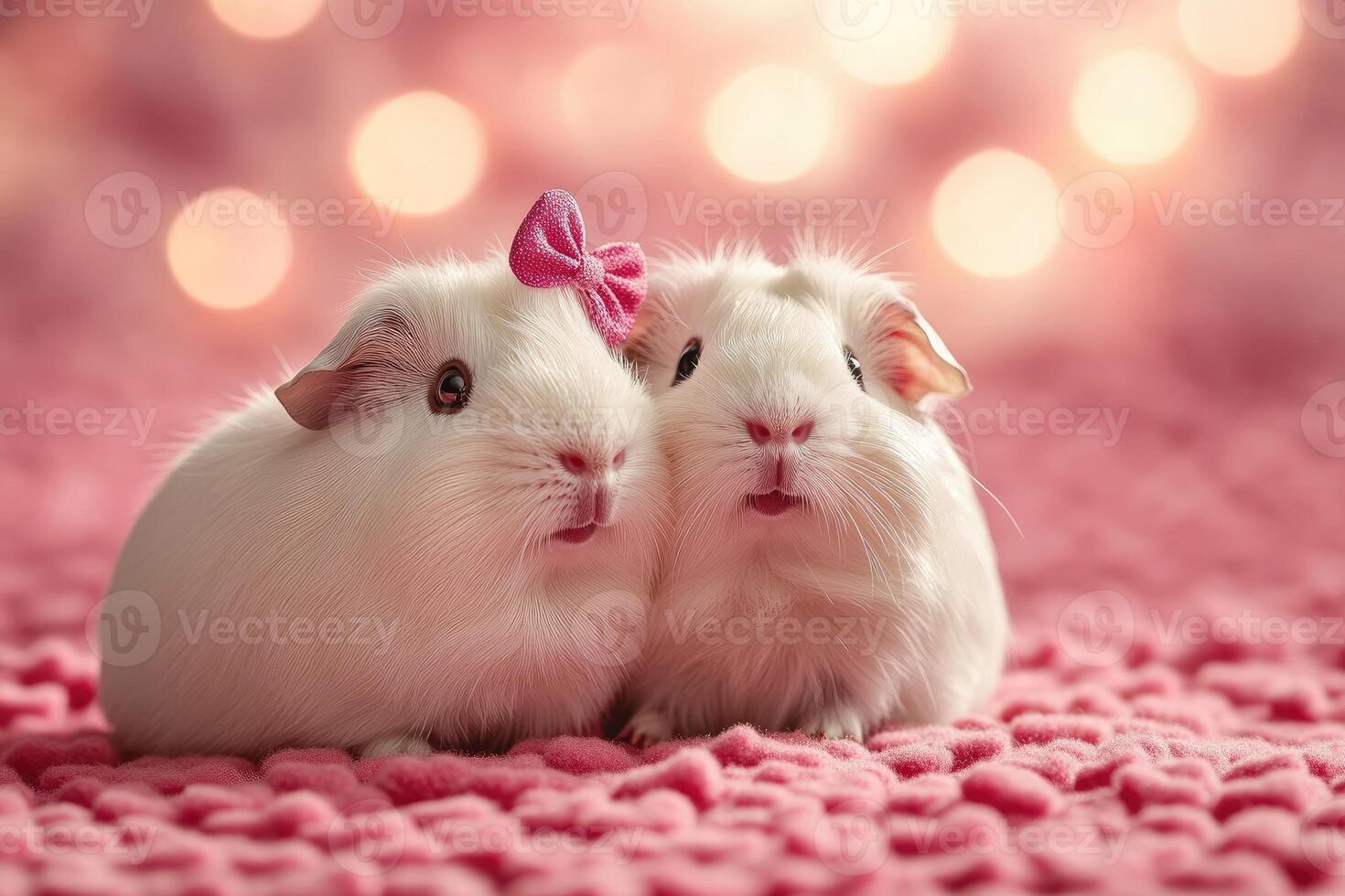 Two adorable guinea pigs posing on pink background with bokeh photo