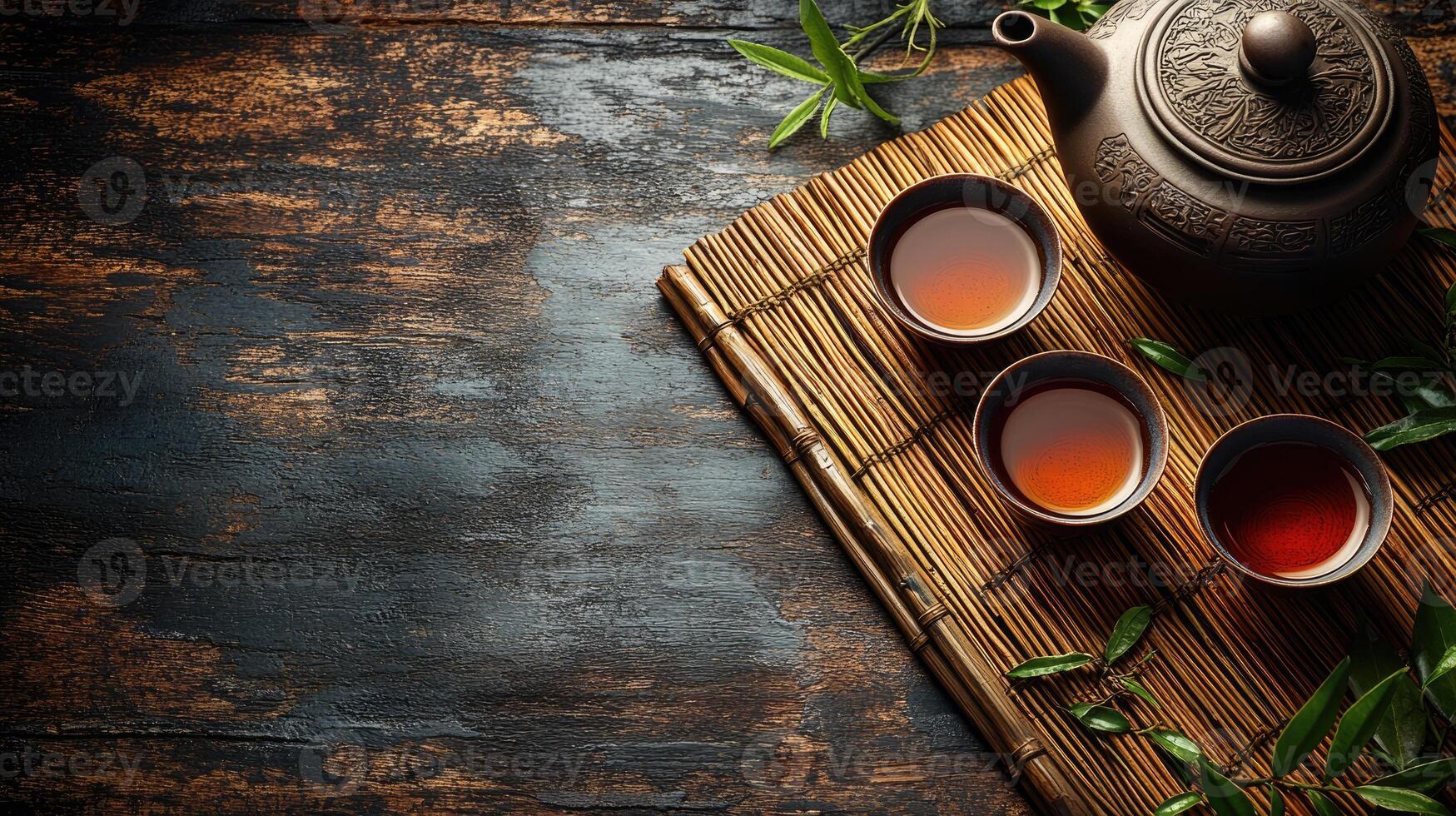 Tea ceremony with brown ceramic teapot and teacups on bamboo mat photo