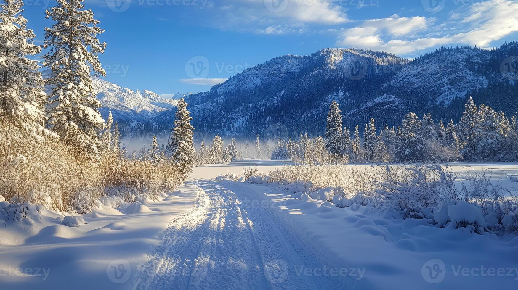 Snow covered path leading into beautiful winter wonderland mountain valley photo