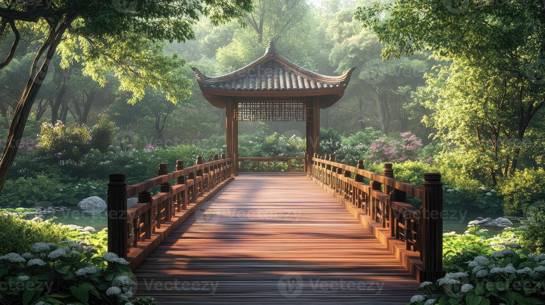 Wooden bridge leading to beautiful gazebo in peaceful chinese garden photo