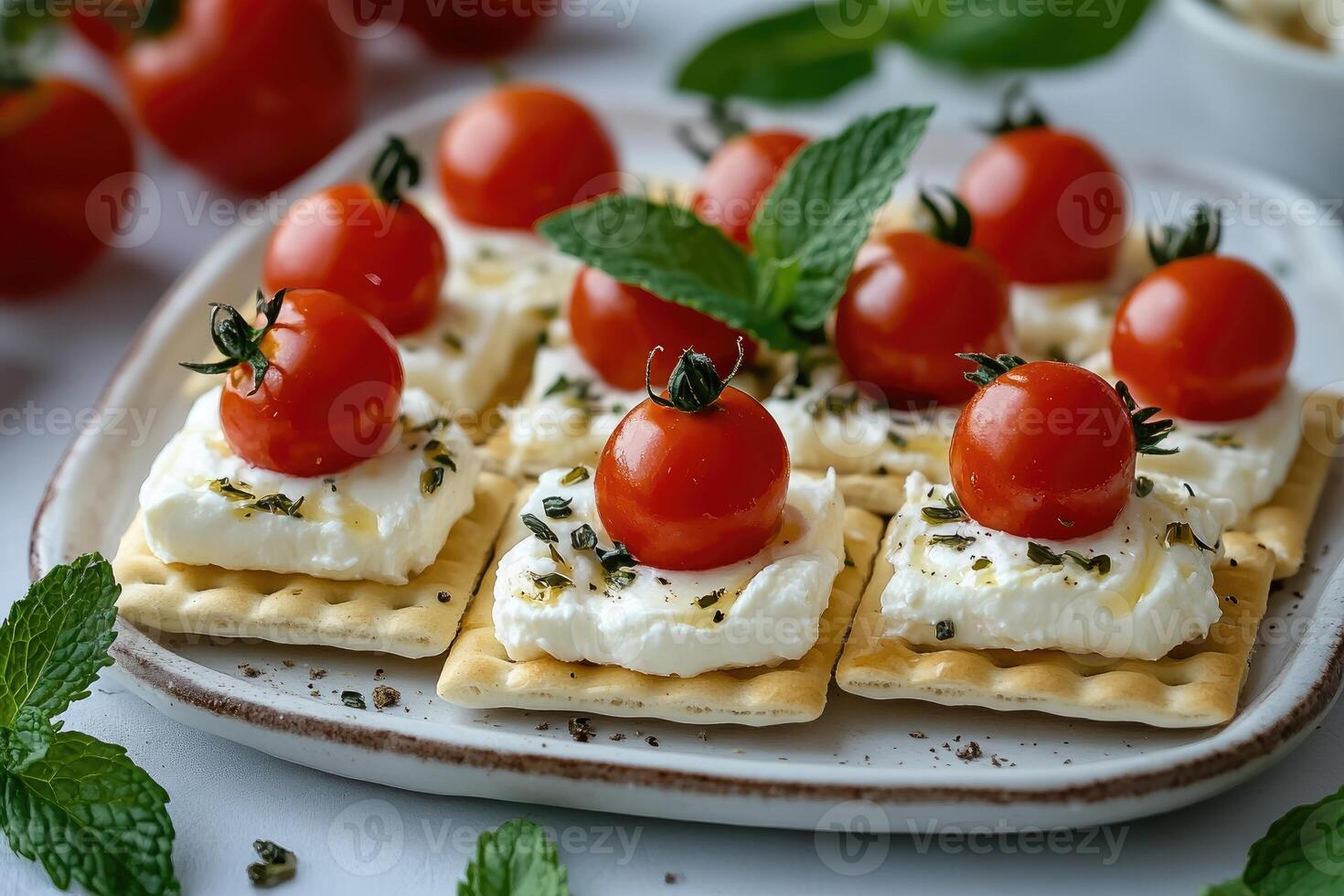 Cherry tomatoes and mint leaves topping cream cheese spread on crackers photo