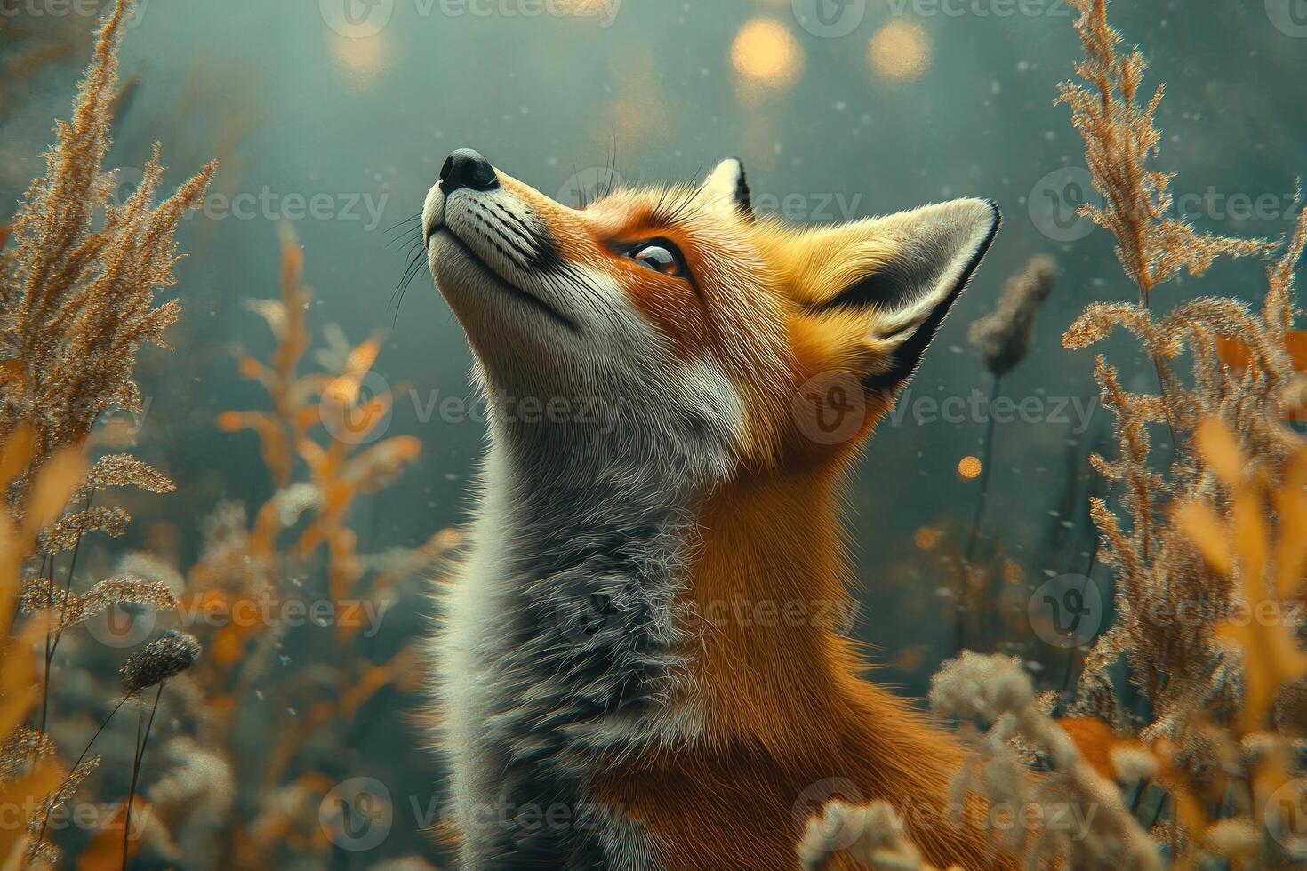 Red fox enjoying falling snow in winter wonderland photo