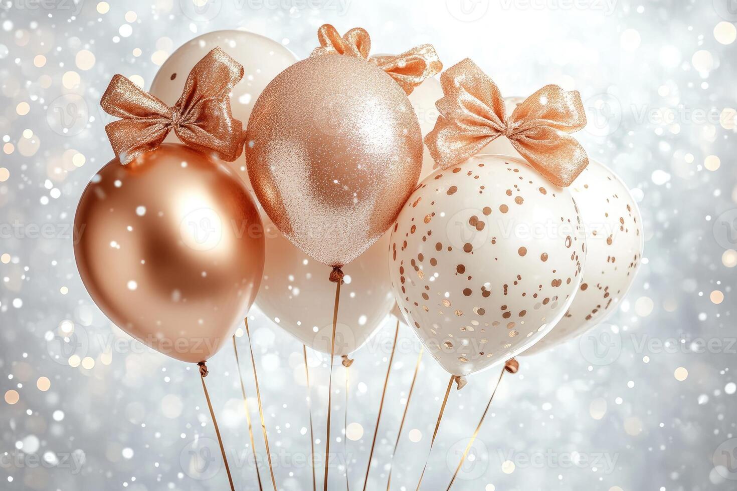 Bunch of peach and ivory balloons with glitter bow on silver bokeh background photo
