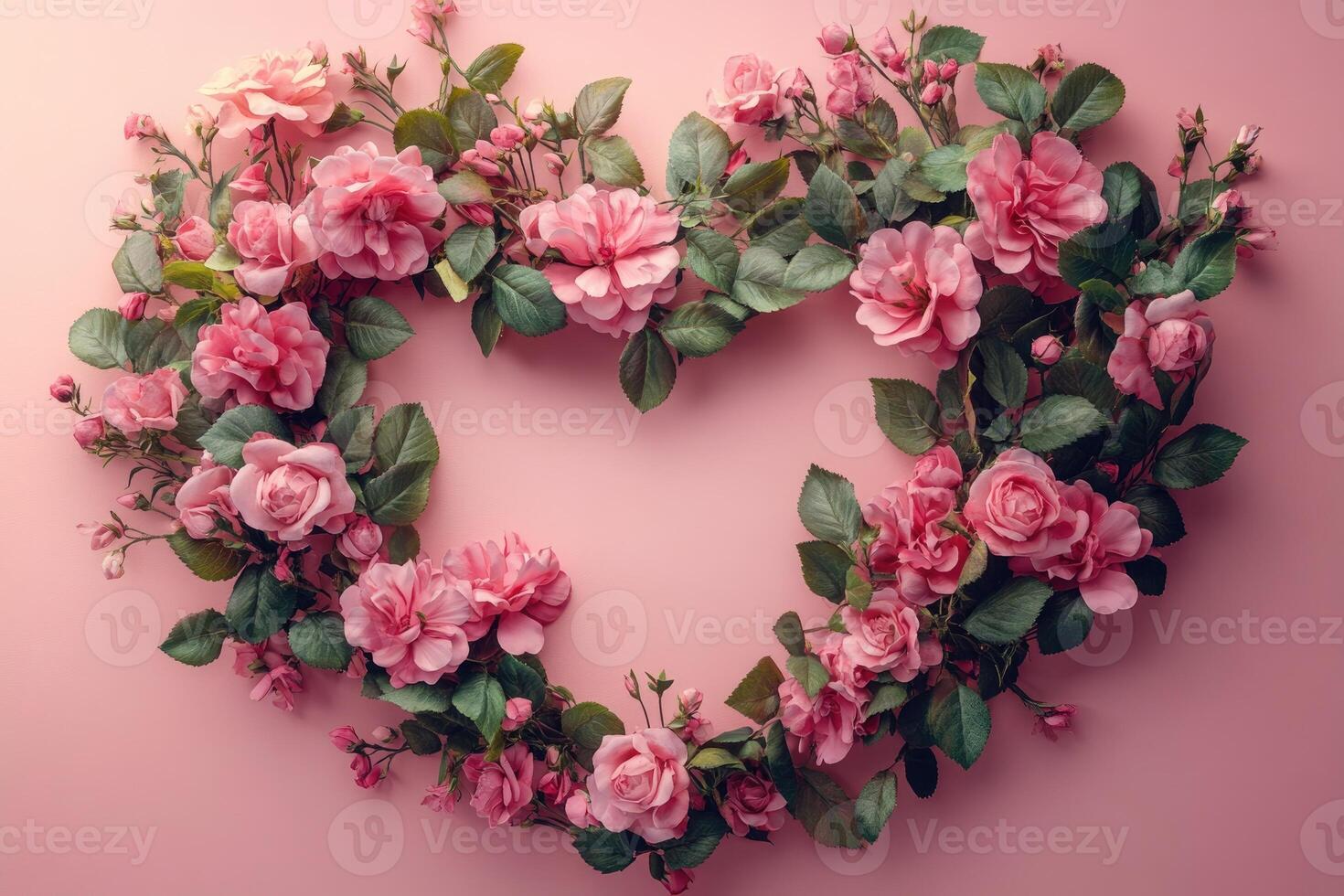 Pink roses forming heart shape on pink background for valentine's day photo