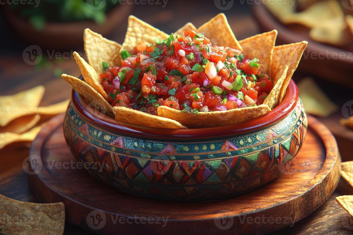Delicious salsa with tortilla chips in colorful bowl enhancing mexican culinary tradition photo