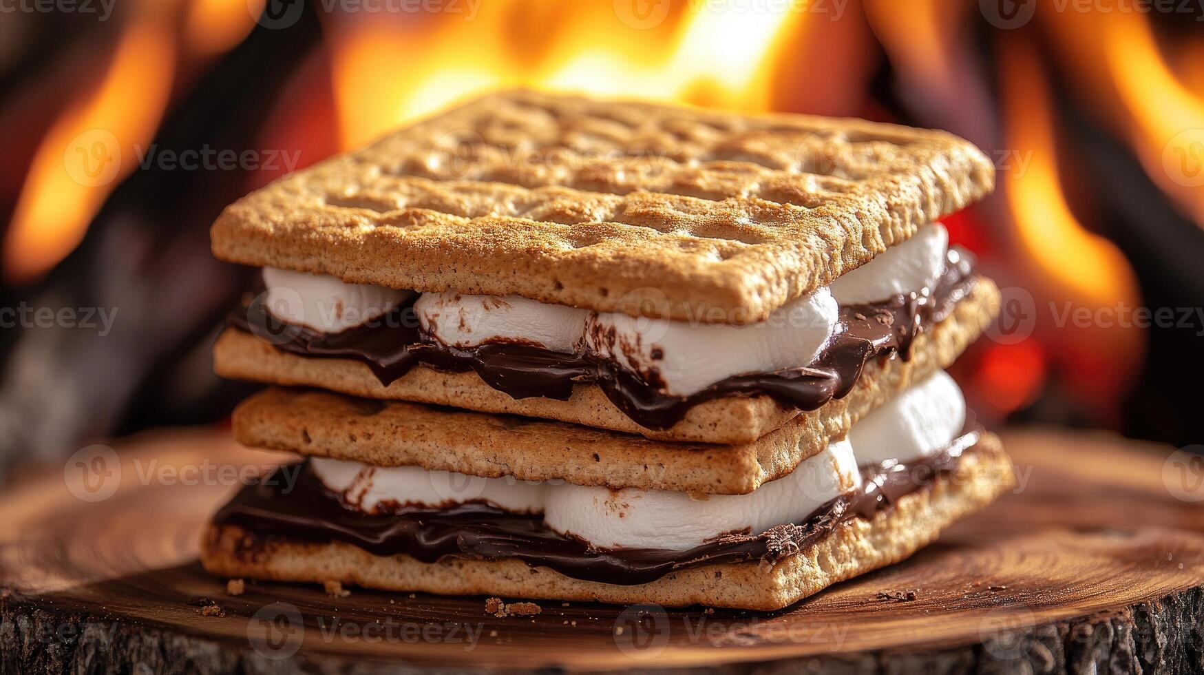 Delicious s'mores with melted chocolate and marshmallow resting on wooden board by fireplace photo