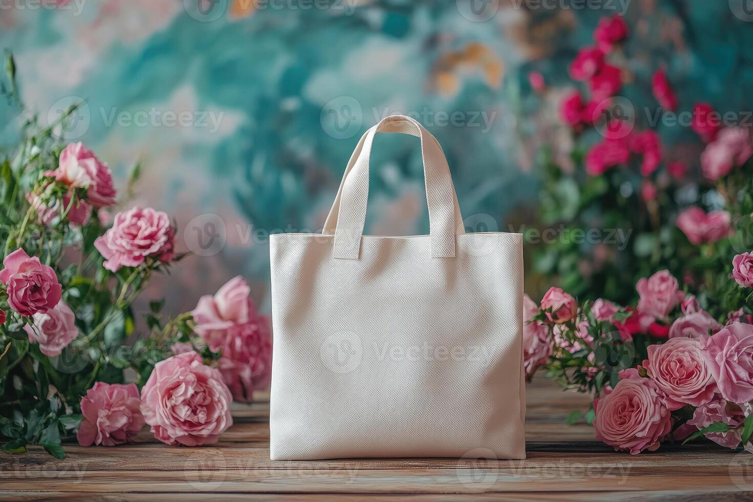 White shopping bag standing between pink roses on wooden table photo