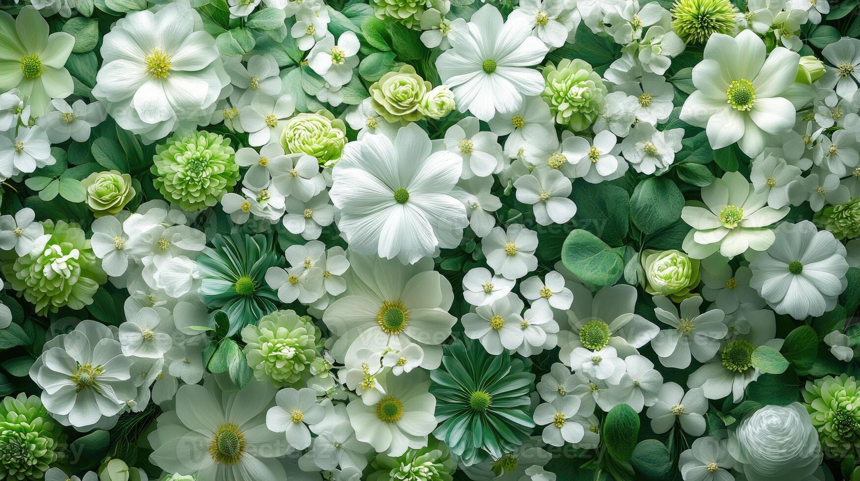 White flowers and green leaves creating a stunning floral background photo