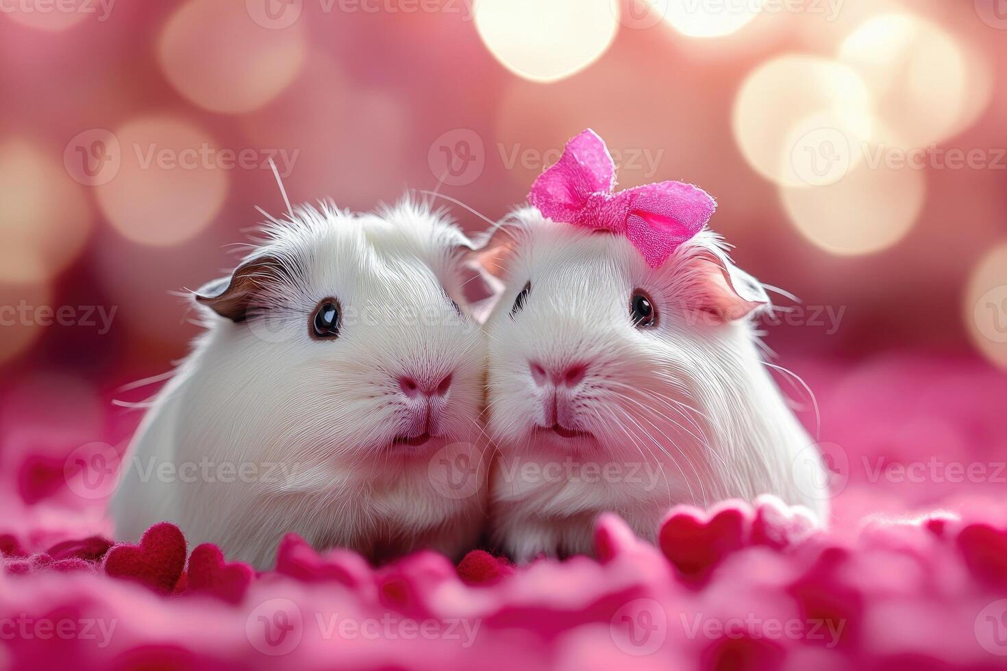 Two adorable guinea pigs posing on pink background with bokeh photo