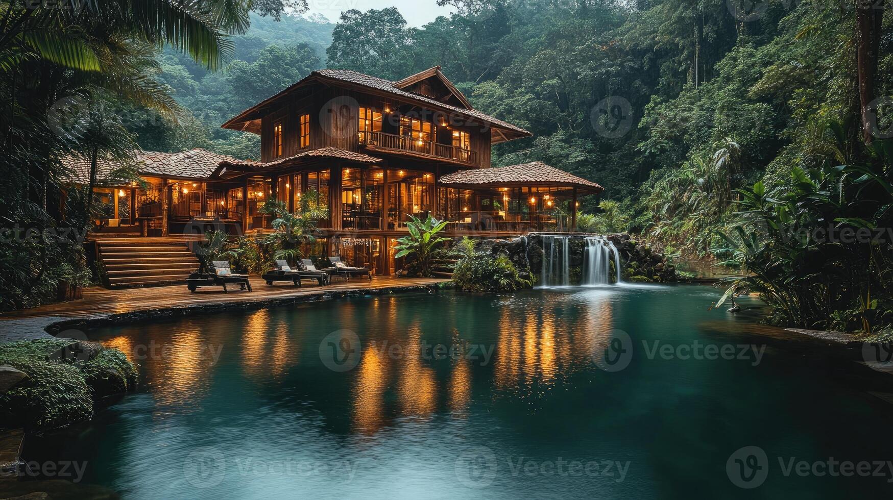 Luxurious tropical hotel room with private waterfall and pool surrounded by jungle photo