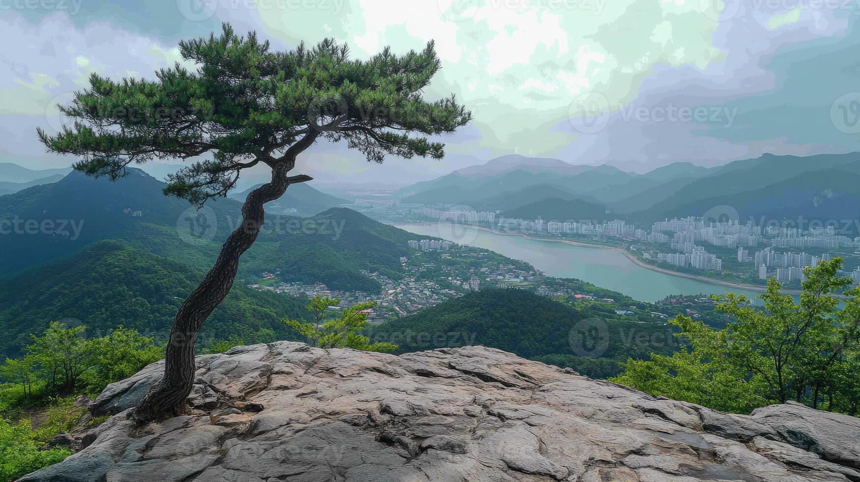 Korean pine tree growing on a cliff overlooking a valley in south korea photo