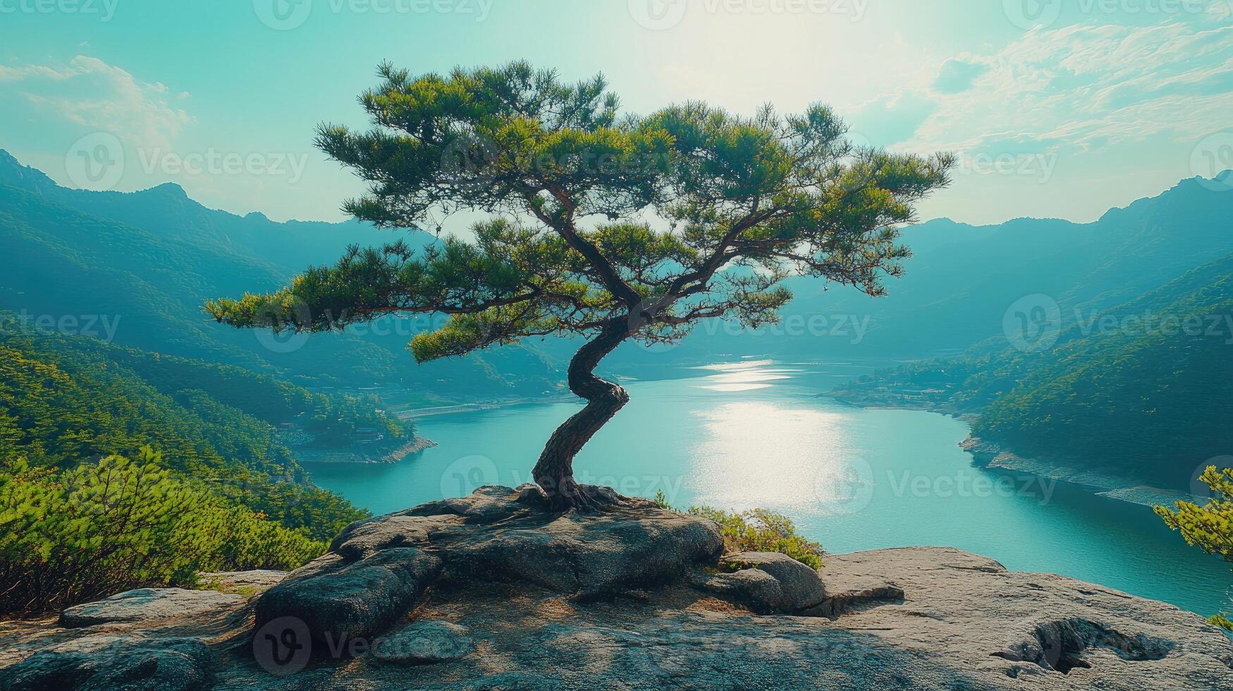 Lone pine tree growing on a rock overlooking mountain valley at sunset photo