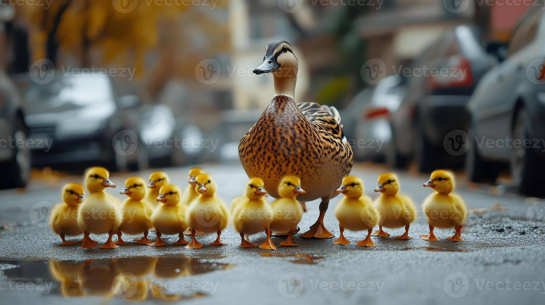 Mother duck leading ducklings across city street photo