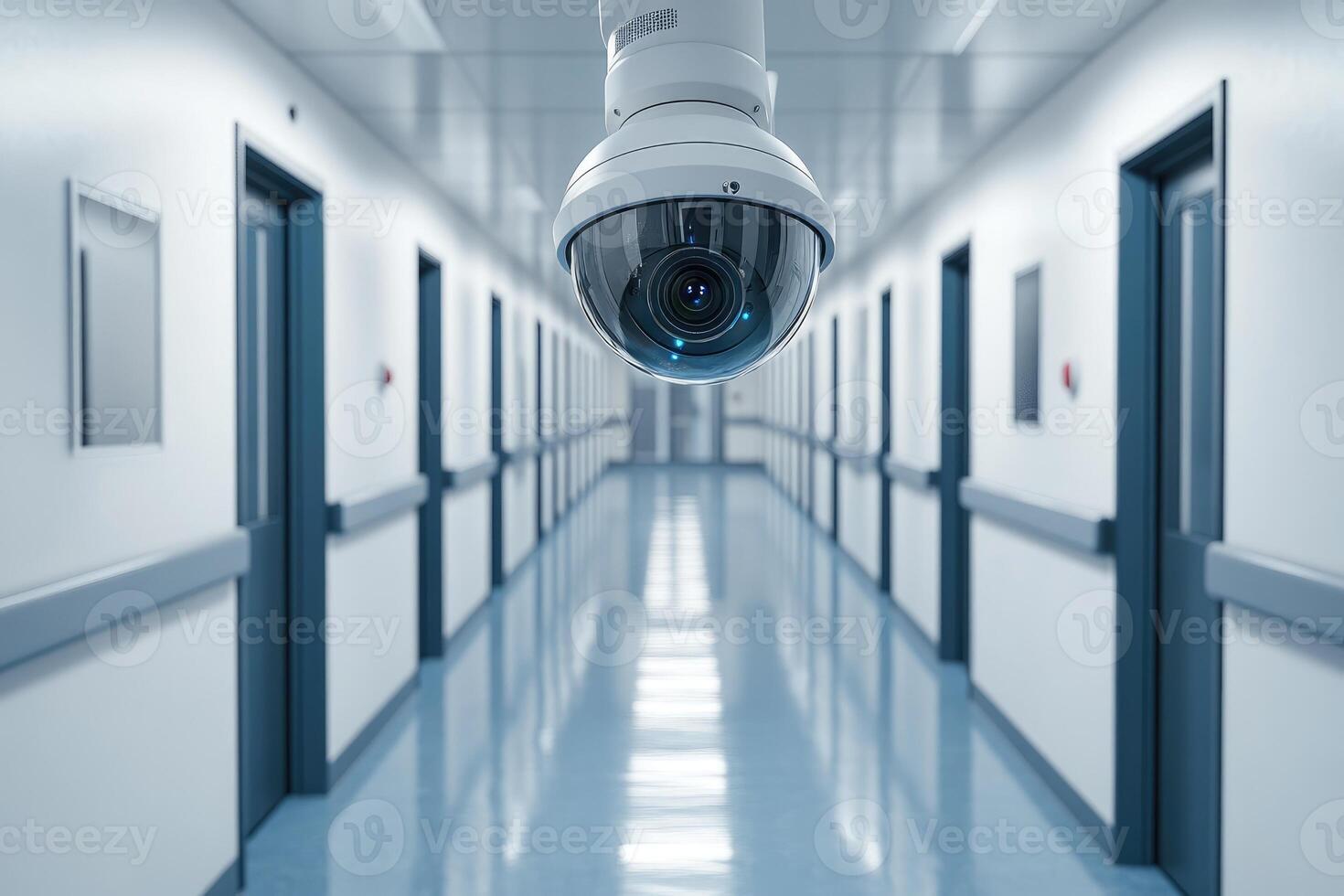 Security camera monitoring long hospital corridor for safety and privacy photo