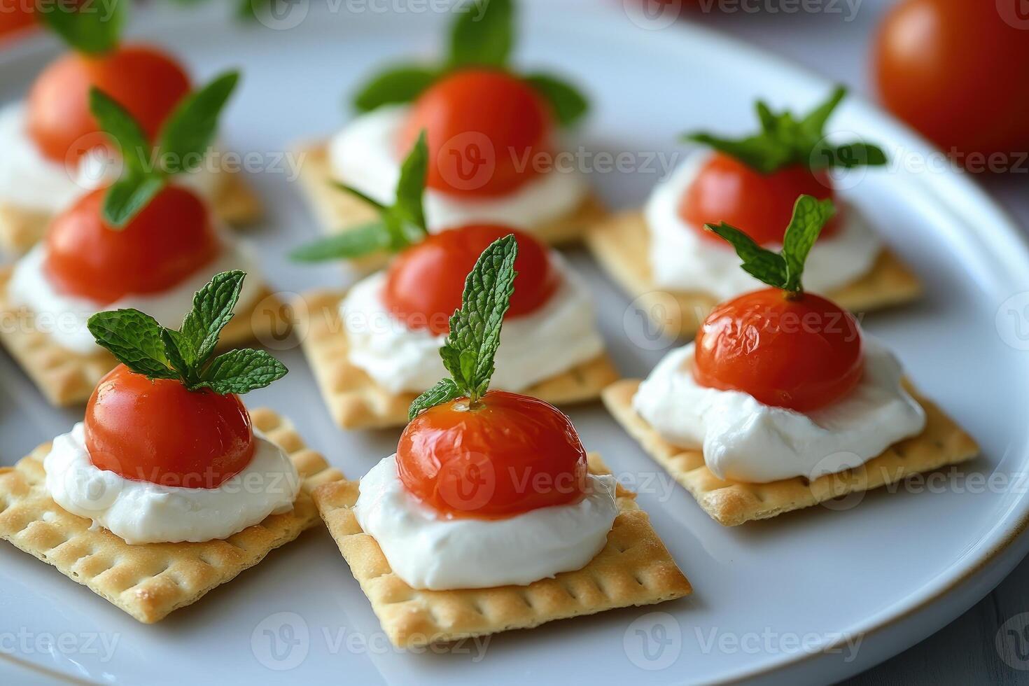 Cherry tomatoes and mint leaves topping cream cheese spread on crackers photo