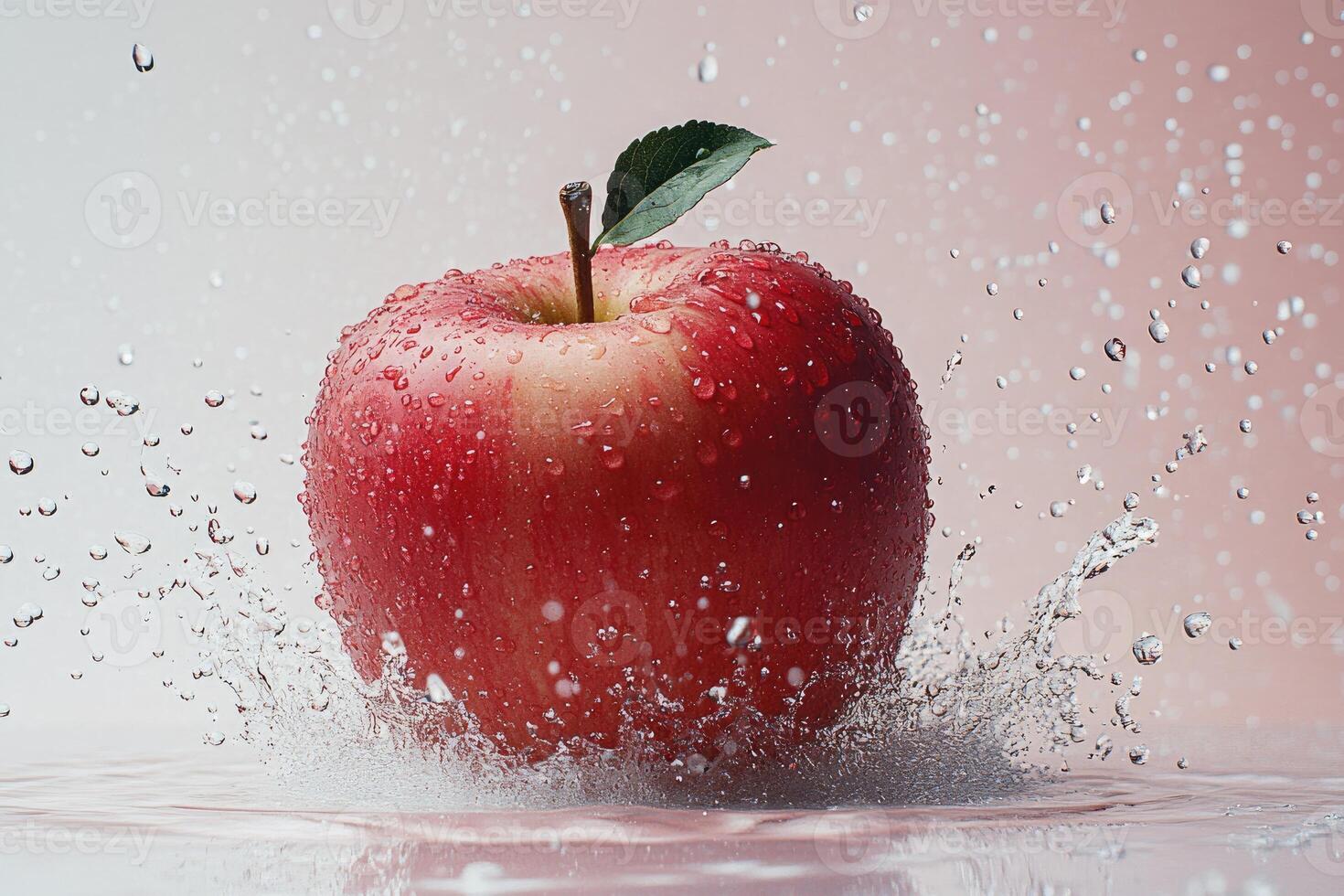 Red apple splashing in water with droplets and leaf photo