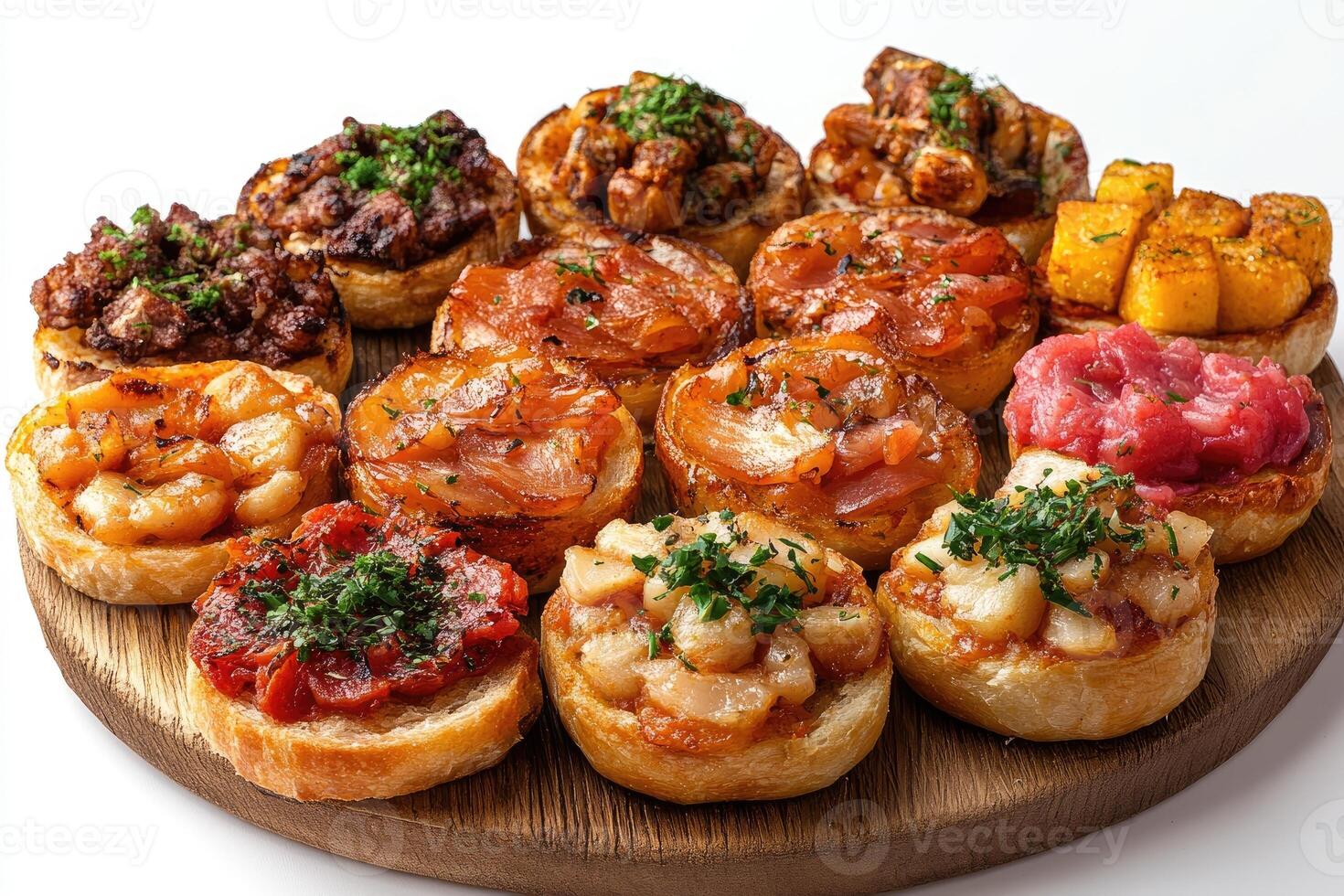 Delicious assorted bruschetta with various toppings on wooden board photo
