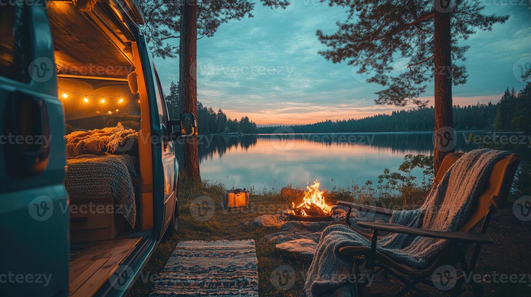 Camper van enjoying cozy campfire by the lake at sunset photo