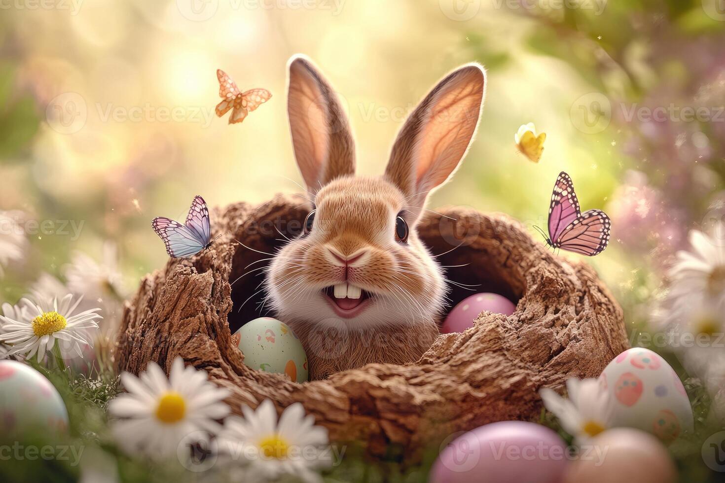 Easter bunny smiling in nest with colorful eggs and butterflies photo