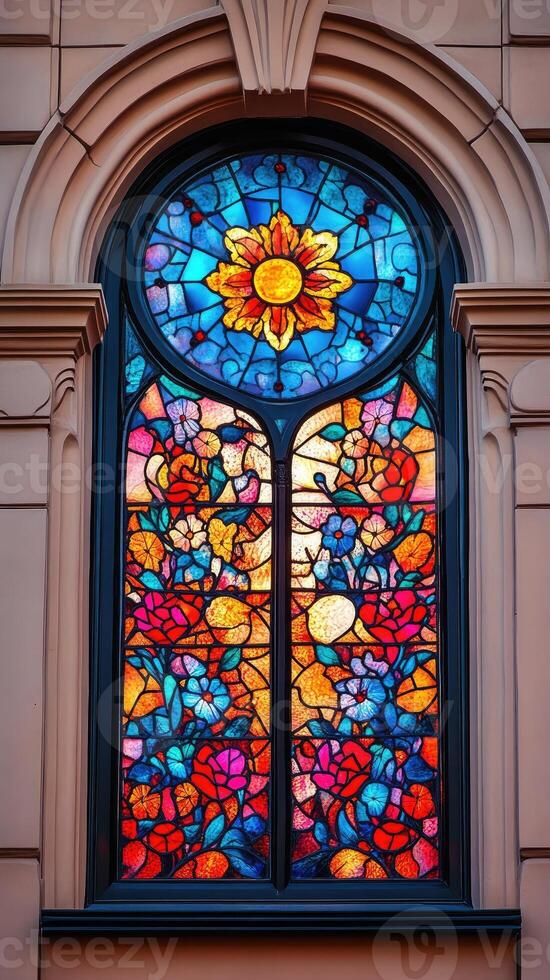 Colorful stained glass window depicting floral ornaments and a radiant sun photo