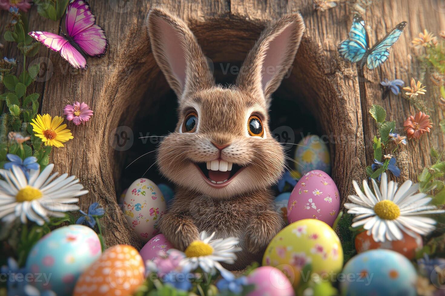 Happy easter bunny smiling in tree trunk with colorful eggs and flowers photo