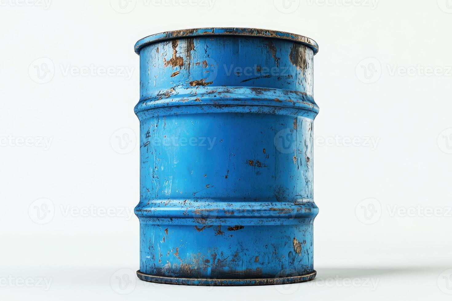 Rusty blue metal barrel standing on white background photo