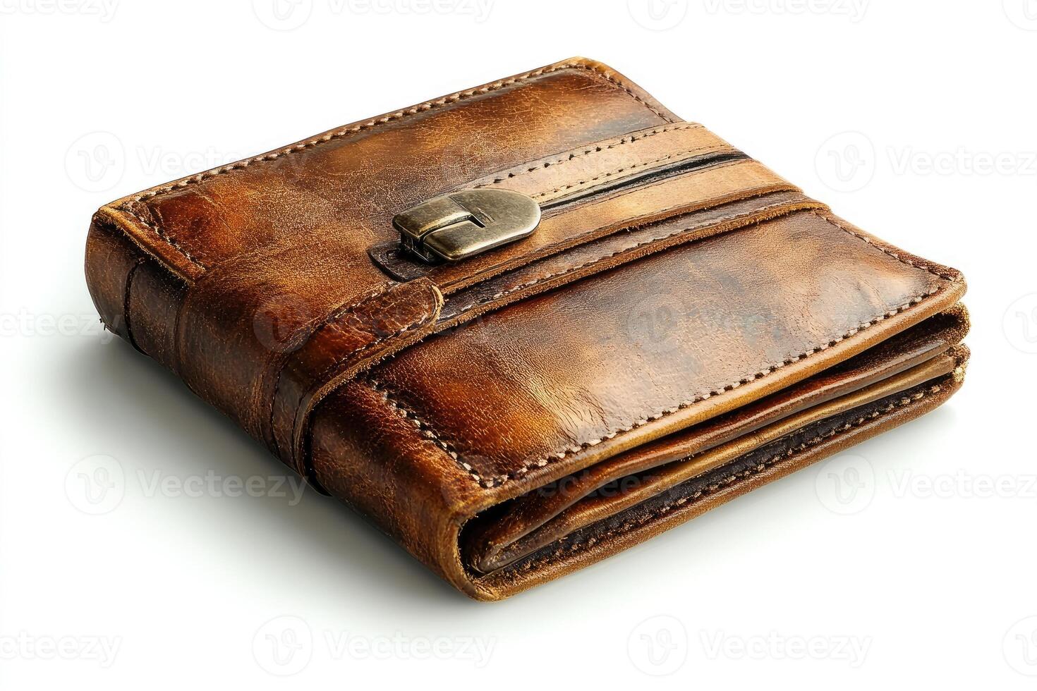 Closed brown leather wallet with clasp on white background photo