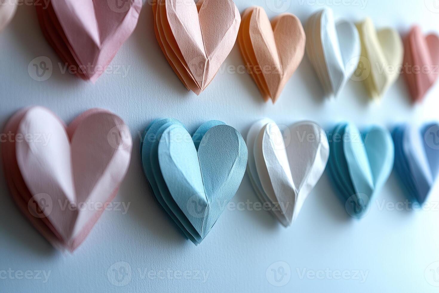 Pink and blue paper hearts hanging on a light blue wall creating a romantic atmosphere photo