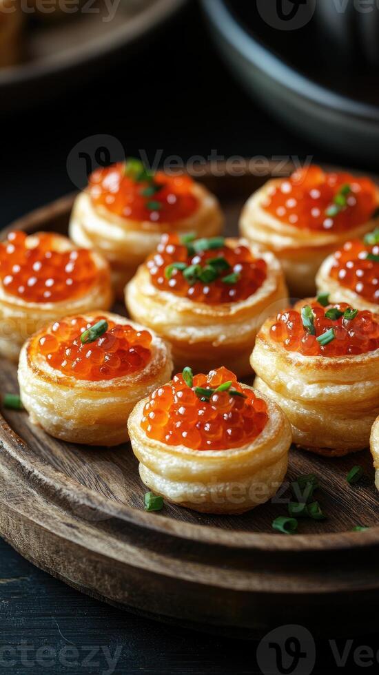 Delicious appetizers with red caviar and cream cheese decorating a catering event table photo