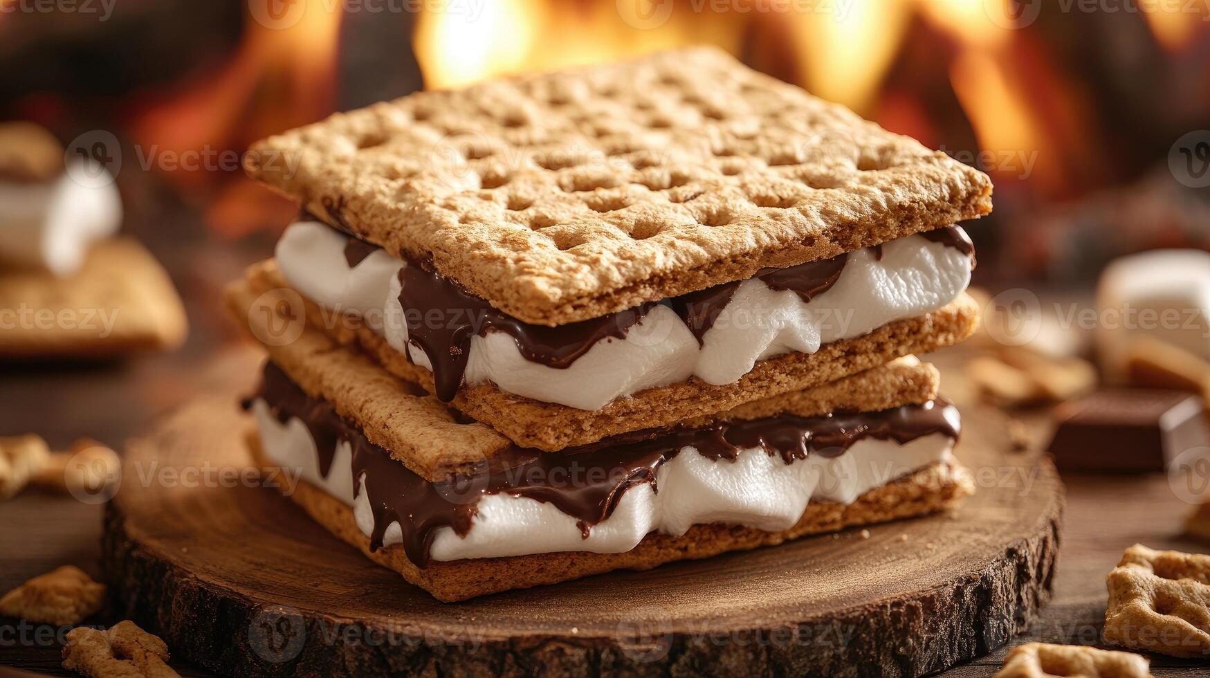 Delicious s'mores with melted chocolate and marshmallow resting on wooden board by fireplace photo