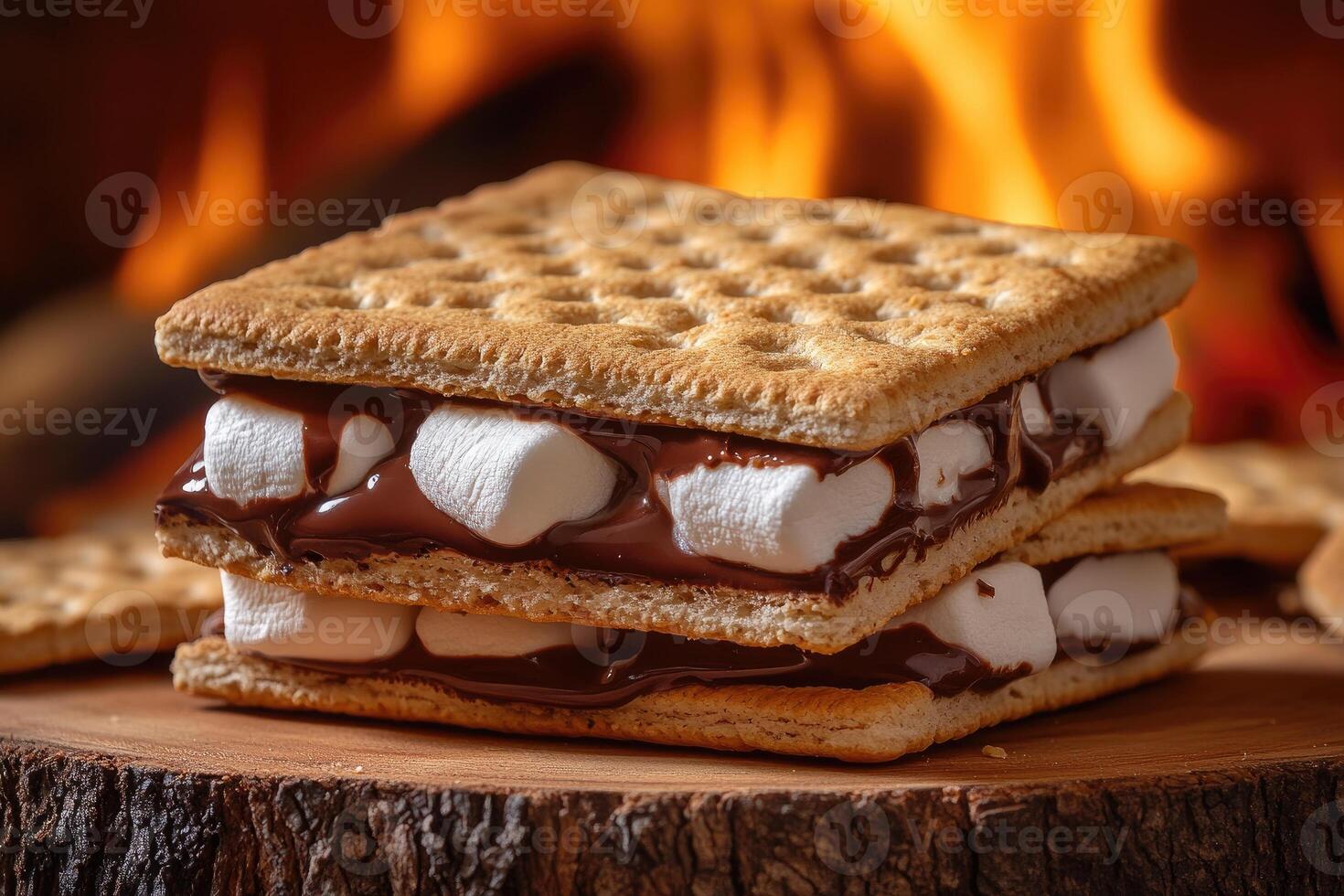Delicious s'mores with melted chocolate and marshmallow resting on wooden board by cozy fireplace photo