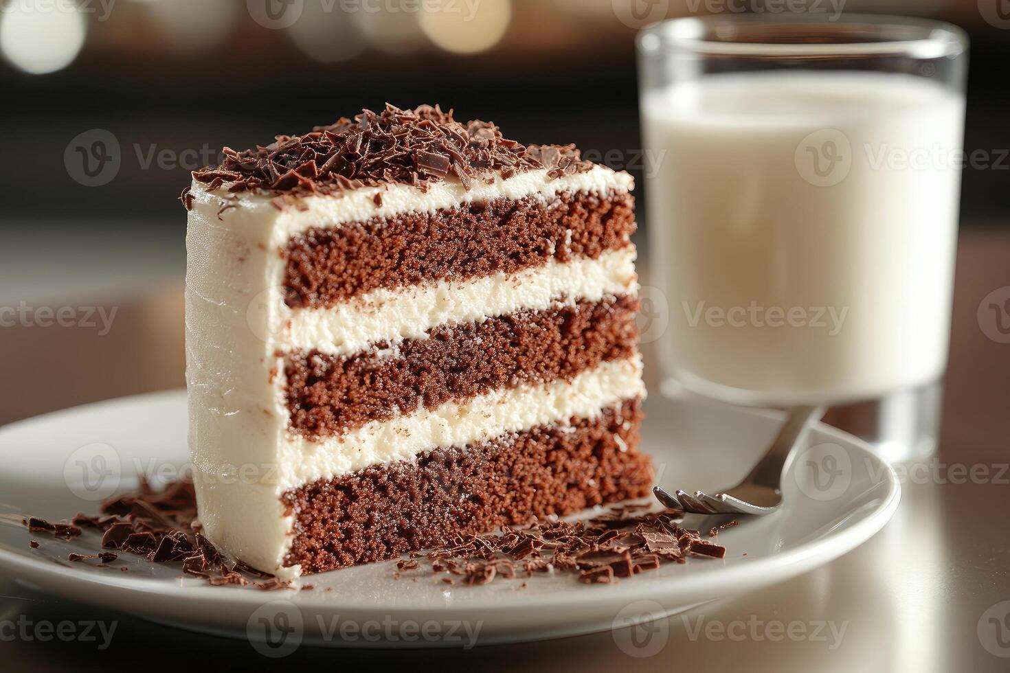 Delicious chocolate cake slice with chocolate shavings and milk photo