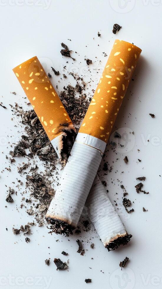 Two broken cigarettes with ashes symbolizing quitting smoking photo