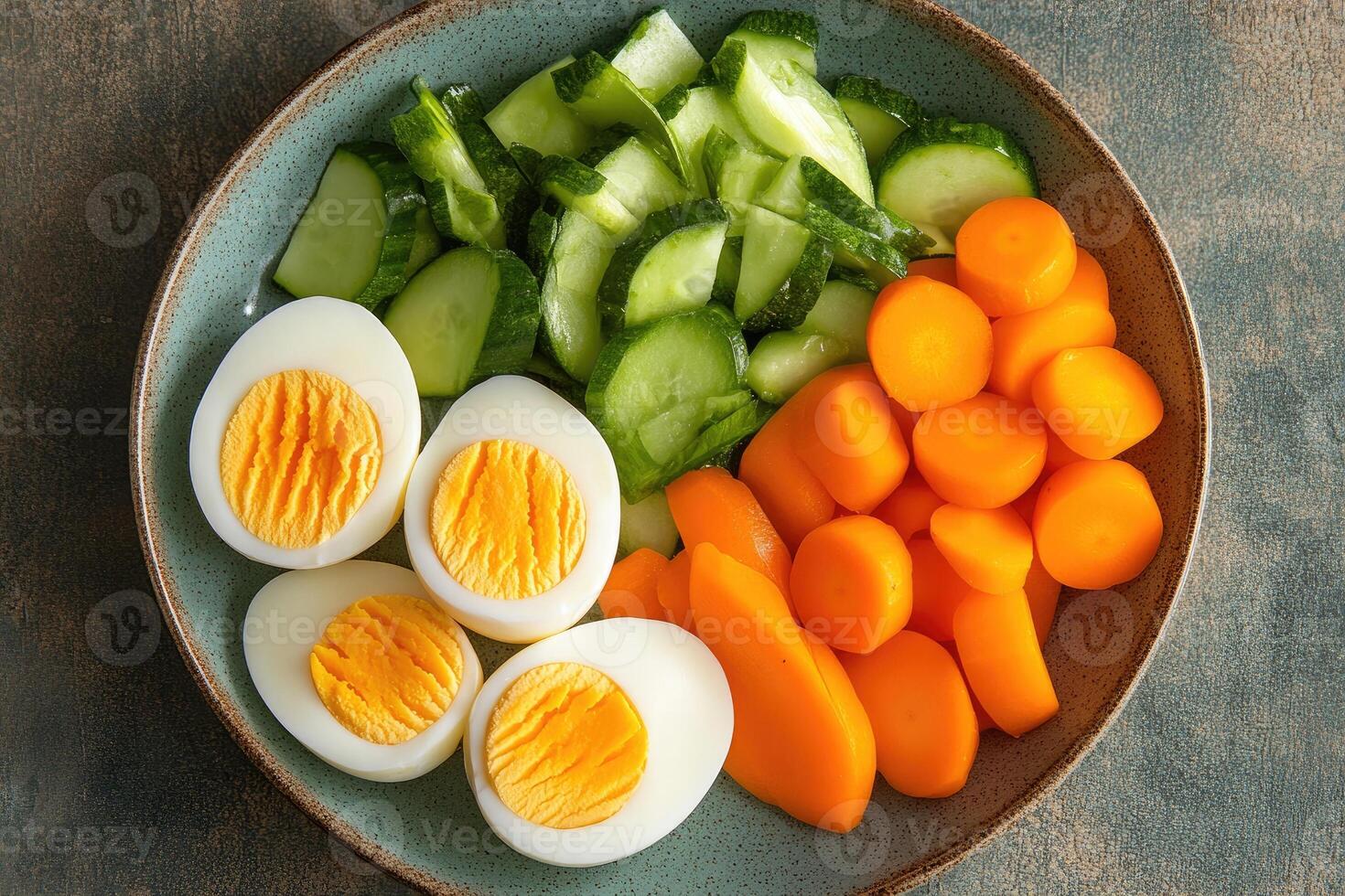 Boiled eggs with sliced cucumbers and carrots creating a healthy meal photo